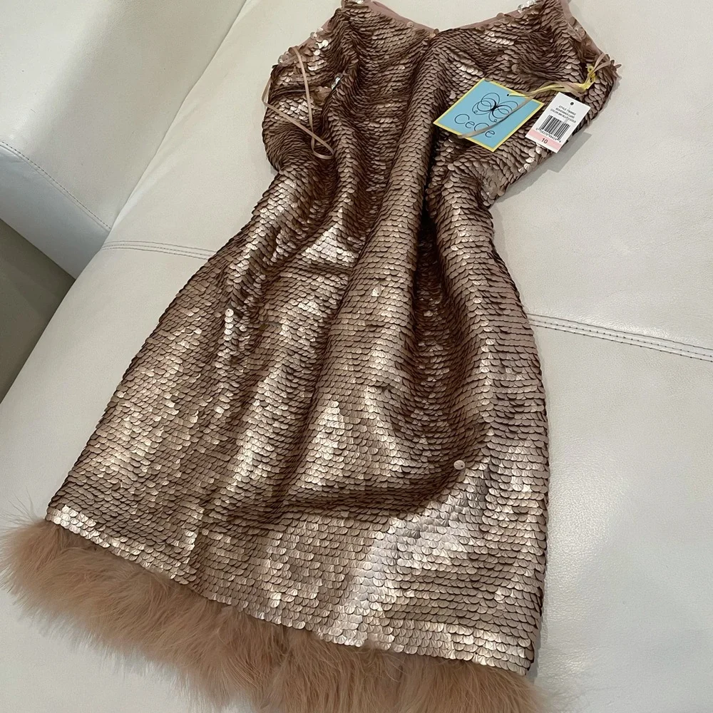 CECE Ostrich feather luxe gold sequin shift dress feather hem STUNNING NWT (10)